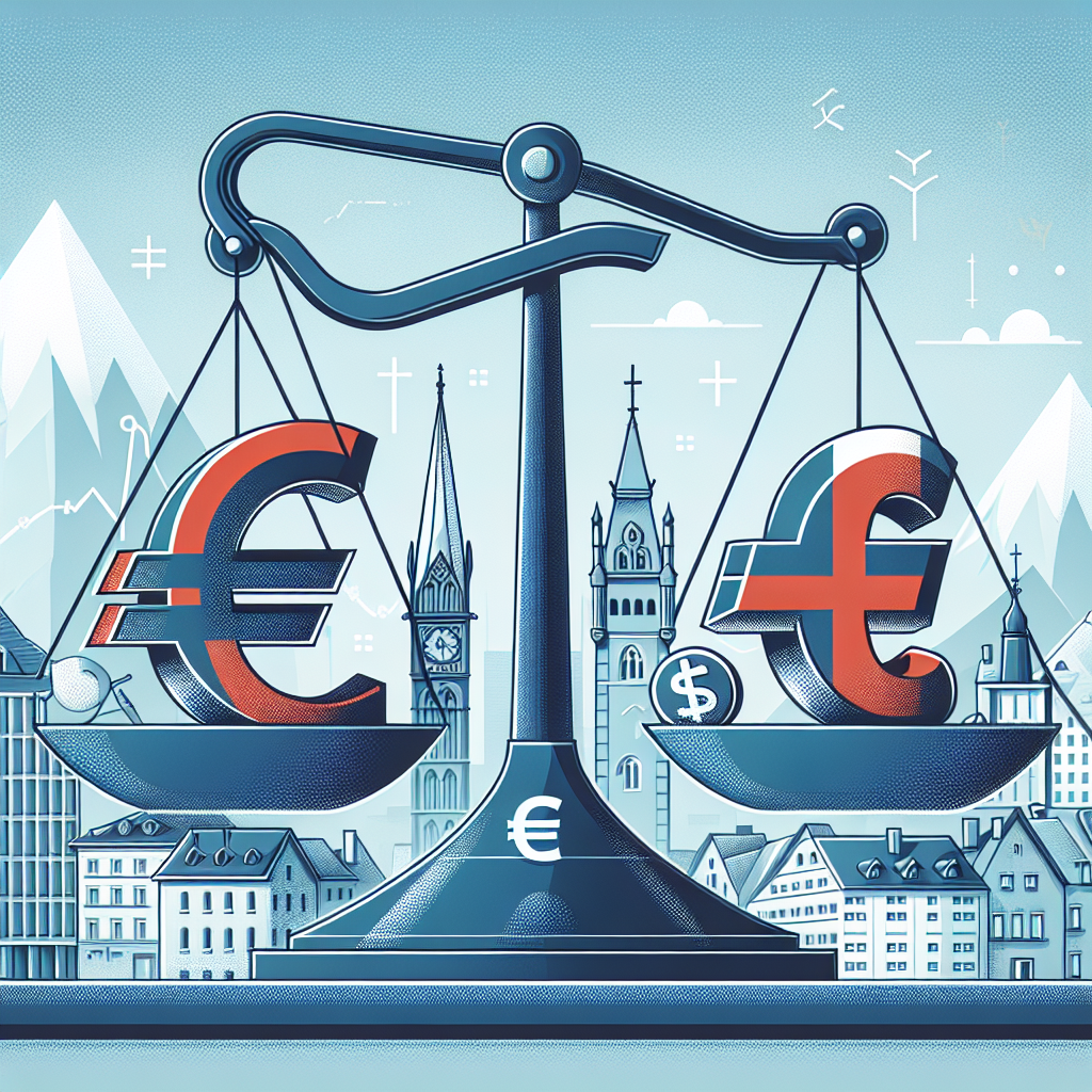 Illustration of a balance scale weighing the Euro and Swiss Franc with a cityscape backdrop.