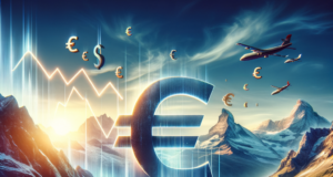 Bank of America Anticipates EUR/CHF Drop Post-Adjustment Phase Falling Euro symbol over a mountainous village with a financial graph and airplanes, illustrating EUR/CHF drop prediction.