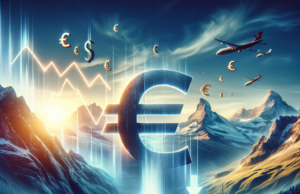 Bank of America Anticipates EUR/CHF Drop Post-Adjustment Phase Falling Euro symbol over a mountainous village with a financial graph and airplanes, illustrating EUR/CHF drop prediction.