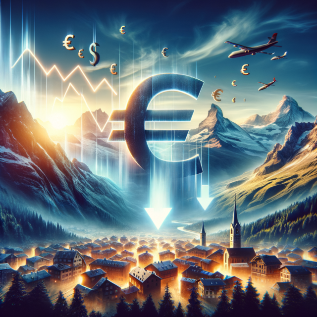 Falling Euro symbol over a mountainous village with a financial graph and airplanes, illustrating EUR/CHF drop prediction.