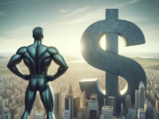 Dólar à Vista: Alta de 0,01% – O Que Isso Significa? Muscular superhero overlooking city with giant dollar sign, symbolizing financial power and the recent dollar increase.
