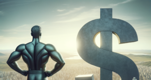 Dólar à Vista: Alta de 0,01% – O Que Isso Significa? Muscular superhero overlooking city with giant dollar sign, symbolizing financial power and the recent dollar increase.
