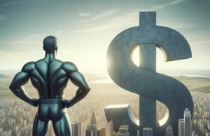 Dólar à Vista: Alta de 0,01% – O Que Isso Significa? Muscular superhero overlooking city with giant dollar sign, symbolizing financial power and the recent dollar increase.