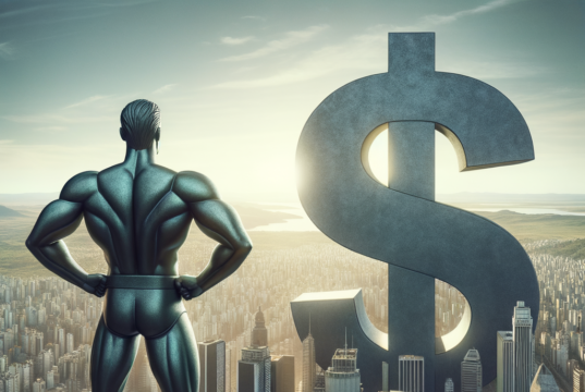 Dólar à Vista: Alta de 0,01% – O Que Isso Significa? Muscular superhero overlooking city with giant dollar sign, symbolizing financial power and the recent dollar increase.