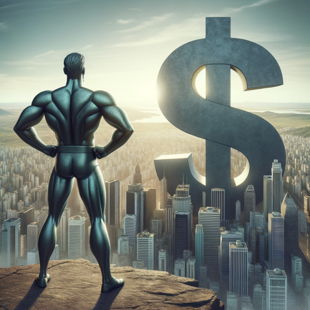 Muscular superhero overlooking city with giant dollar sign, symbolizing financial power and the recent dollar increase.