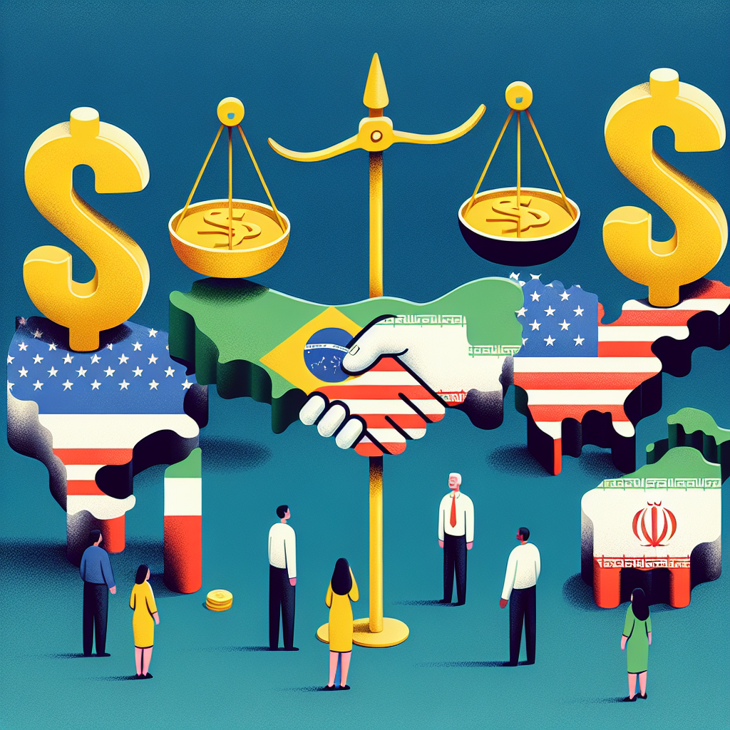 Illustration of a handshake, currency symbols, and scales representing international trade between the USA, Brazil, and Iran.
