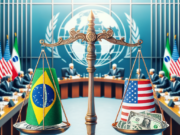 Dólar Estável no Brasil: O Que Esperar do Acordo EUA-Irã? Scales of justice balancing Brazil and USA flags with money, symbolizing international diplomacy and economic stability.