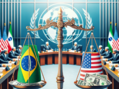 Dólar Estável no Brasil: O Que Esperar do Acordo EUA-Irã? Scales of justice balancing Brazil and USA flags with money, symbolizing international diplomacy and economic stability.
