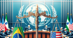 Dólar Estável no Brasil: O Que Esperar do Acordo EUA-Irã? Scales of justice balancing Brazil and USA flags with money, symbolizing international diplomacy and economic stability.