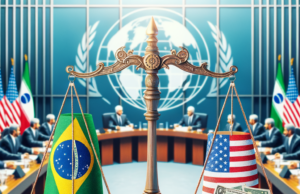 Dólar Estável no Brasil: O Que Esperar do Acordo EUA-Irã? Scales of justice balancing Brazil and USA flags with money, symbolizing international diplomacy and economic stability.
