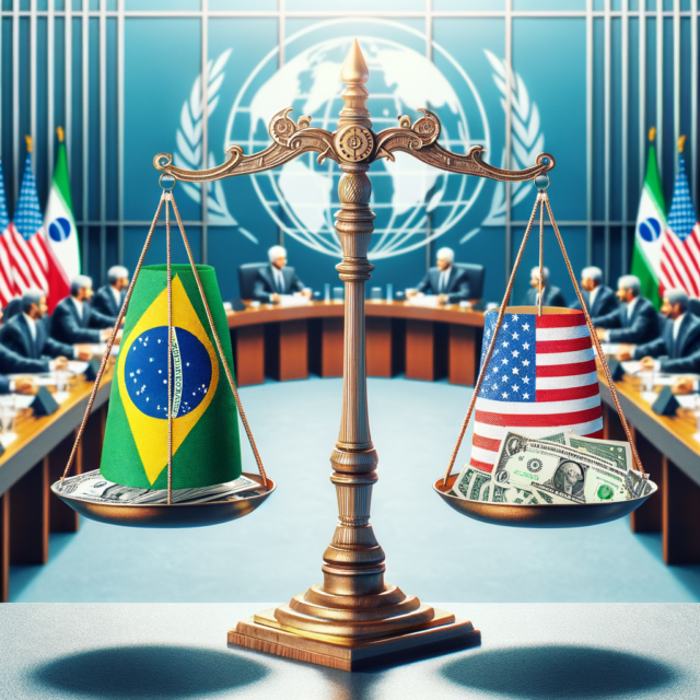 Scales of justice balancing Brazil and USA flags with money, symbolizing international diplomacy and economic stability.
