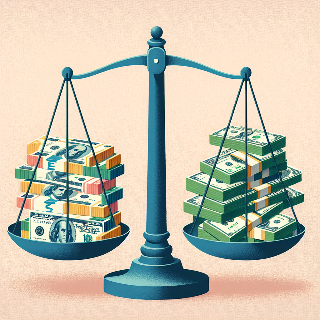 Illustration of a balance scale comparing stacks of different currency bills.