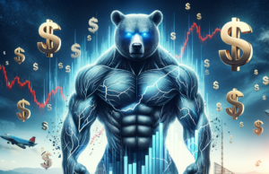 Dólar Fecha em Baixa: Como Isso Impacta Seus Investimentos? A strong muscular bear symbolizes a bullish market with a city skyline, rising financial graphs, and dollar signs.