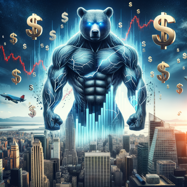 A strong muscular bear symbolizes a bullish market with a city skyline, rising financial graphs, and dollar signs.