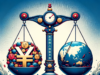 FMI Solicita à China Mais Flexibilidade no Iuane: O Que Isso Significa? Illustration of a balanced scale comparing Chinese currency symbols and a globe, symbolizing global economic balance.
