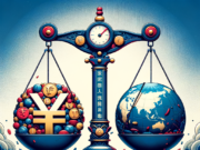 FMI Solicita à China Mais Flexibilidade no Iuane: O Que Isso Significa? Illustration of a balanced scale comparing Chinese currency symbols and a globe, symbolizing global economic balance.
