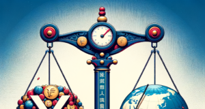 FMI Solicita à China Mais Flexibilidade no Iuane: O Que Isso Significa? Illustration of a balanced scale comparing Chinese currency symbols and a globe, symbolizing global economic balance.