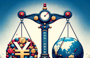 FMI Solicita à China Mais Flexibilidade no Iuane: O Que Isso Significa? Illustration of a balanced scale comparing Chinese currency symbols and a globe, symbolizing global economic balance.