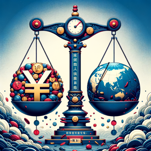 Illustration of a balanced scale comparing Chinese currency symbols and a globe, symbolizing global economic balance.