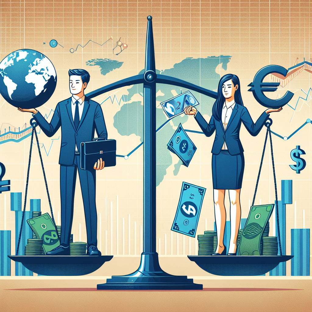 Business professionals balancing currency symbols and a globe on a scale, symbolizing global economy and financial transactio