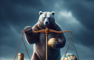Governo Russo Pode Retomar Transações Cambiais: O Que Esperar? A bear holding a balance scale with gold coins and a globe, standing on ice in a stormy setting.
