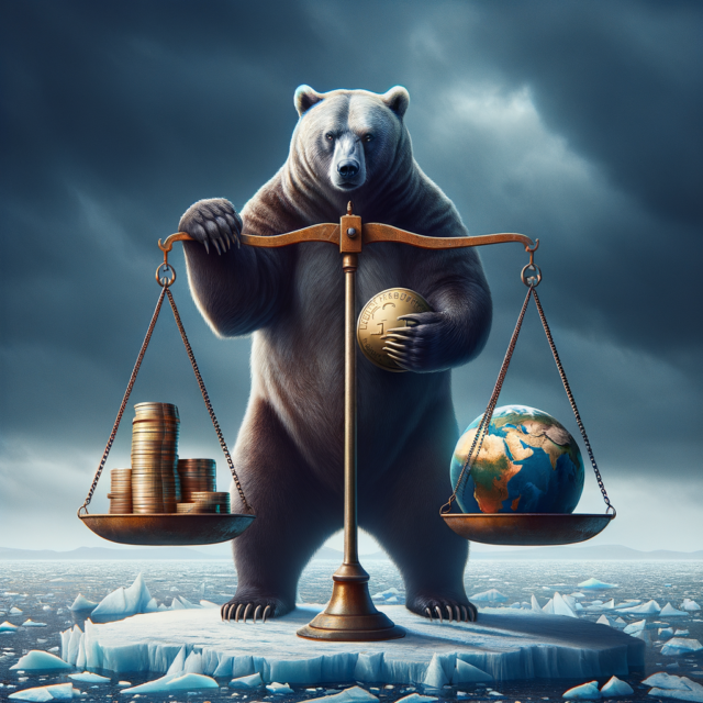 A bear holding a balance scale with gold coins and a globe, standing on ice in a stormy setting.