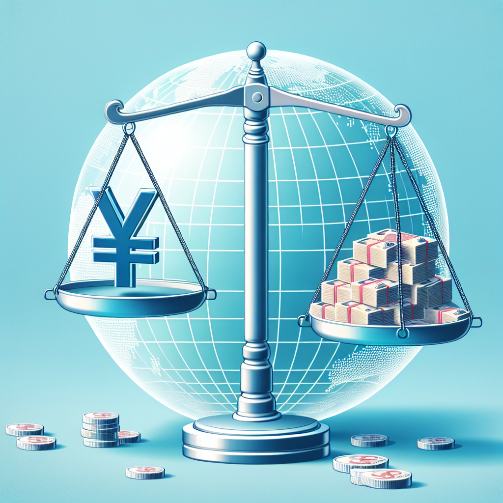 3D illustration of a balance scale comparing the Japanese yen symbol and stacks of money against a globe background.
