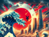 Iene Japonês em Risco: O Que Acontece se BoJ Não Mudar? Digital artwork of a giant wave with a Japanese yen symbol, city skyline, and rising sun in the background.