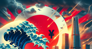 Iene Japonês em Risco: O Que Acontece se BoJ Não Mudar? Digital artwork of a giant wave with a Japanese yen symbol, city skyline, and rising sun in the background.