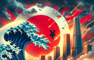 Iene Japonês em Risco: O Que Acontece se BoJ Não Mudar? Digital artwork of a giant wave with a Japanese yen symbol, city skyline, and rising sun in the background.