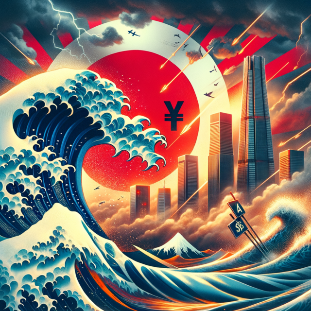 Japanese Yen at Risk Amid Market Turmoil Digital artwork of a giant wave with a Japanese yen symbol, city skyline, and rising sun in the background.