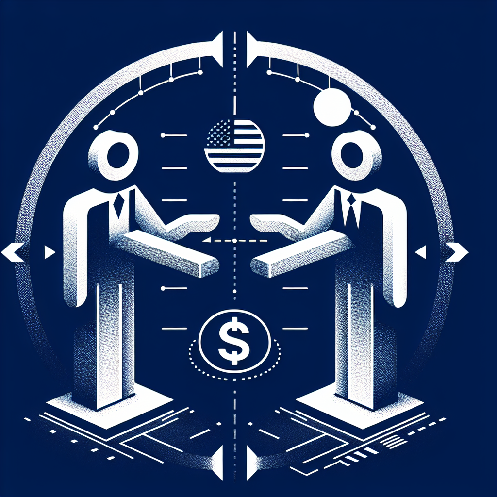 Illustration of two business figures exchanging money under the American flag, symbolizing US financial transactions.
