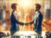 Japão e EUA: Como o Acordo de Câmbio Impacta Você Business professionals shaking hands over dollar signs, symbolizing a financial agreement between Japan and the USA.