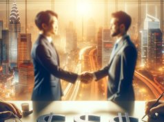 Japão e EUA: Como o Acordo de Câmbio Impacta Você Business professionals shaking hands over dollar signs, symbolizing a financial agreement between Japan and the USA.