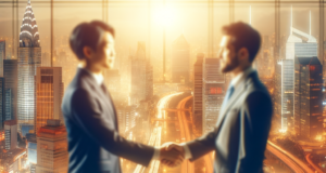 Japão e EUA: Como o Acordo de Câmbio Impacta Você Business professionals shaking hands over dollar signs, symbolizing a financial agreement between Japan and the USA.