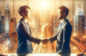 Japão e EUA: Como o Acordo de Câmbio Impacta Você Business professionals shaking hands over dollar signs, symbolizing a financial agreement between Japan and the USA.