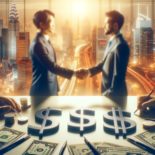 Business professionals shaking hands over dollar signs, symbolizing a financial agreement between Japan and the USA.