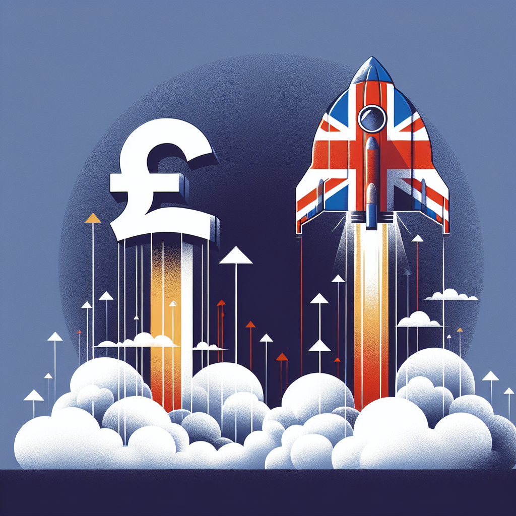 Rocket with UK flag and pound symbol launching upward, representing economic growth despite the pound's decline.