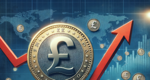 Libra Esterlina Cai Apesar do Crescimento Surpreendente do PIB Digital illustration of the British pound symbol with upward graphs, depicting economic growth and investment trends.