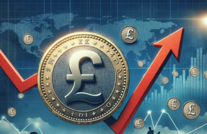 Libra Esterlina Cai Apesar do Crescimento Surpreendente do PIB Digital illustration of the British pound symbol with upward graphs, depicting economic growth and investment trends.