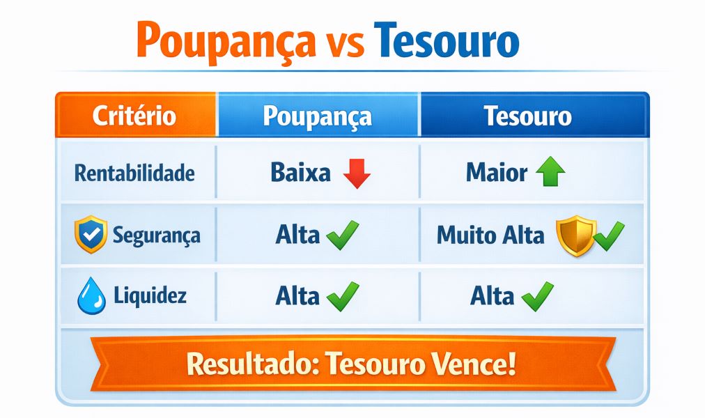 Tabela comparativa entre Poupança e TESOURO. Resultado o Tesouro Direito é mais vantajoso.