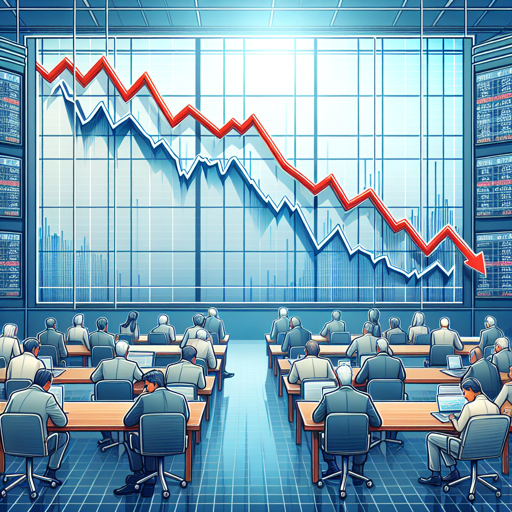 Business professionals reviewing a stock market decline displayed on a large digital screen.