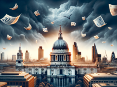 Pressão Política: Queda dos Títulos do Governo Britânico Dramatic London skyline with St. Paul's Cathedral, stormy skies, and British banknotes floating above.