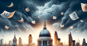 Pressão Política: Queda dos Títulos do Governo Britânico Dramatic London skyline with St. Paul's Cathedral, stormy skies, and British banknotes floating above.