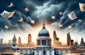 Pressão Política: Queda dos Títulos do Governo Britânico Dramatic London skyline with St. Paul's Cathedral, stormy skies, and British banknotes floating above.
