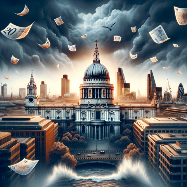 Dramatic London skyline with St. Paul's Cathedral, stormy skies, and British banknotes floating above.
